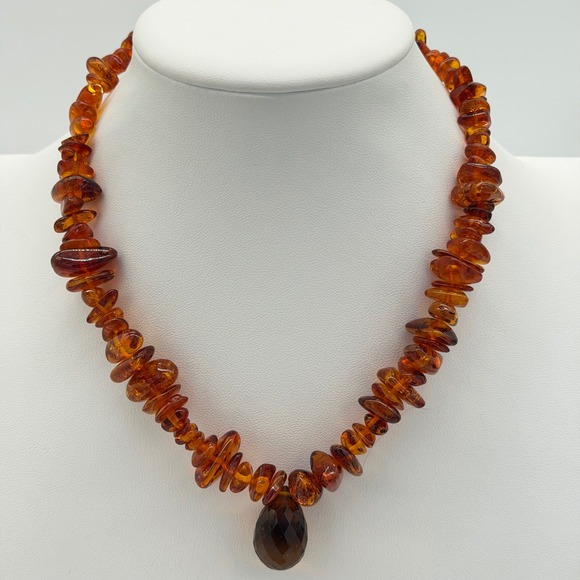 Genuine Baltic Amber Nugget Beads Necklace Sterling Silver Faceted Drop